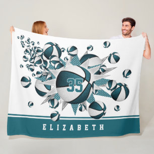girls basketballs stars teal white personalised fleece blanket