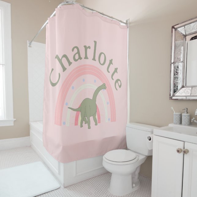 Girls Bathroom Dinosaur Rainbow Pink Shower Curtain (In Situ)