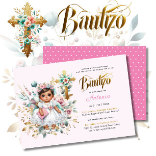 Girl's BAUTIZO Pink Gold Floral Cross Invitation