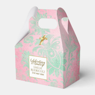 Girls Bautizo Pink Mint Green Damask Gold Cross Favour Box