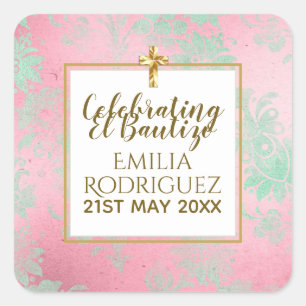 Girls Bautizo Pink Mint Green Damask Gold Cross Square Sticker