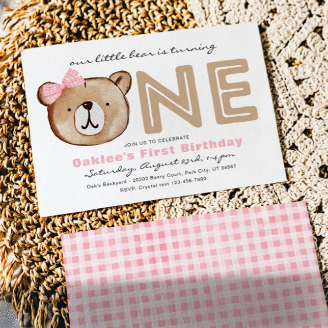 Girl's Bear First Birthday Invitation (Creator Uploaded)