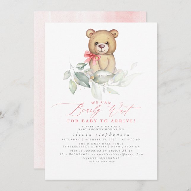 Girl's Bear Watercolor Greenery Baby Shower Invitation (Front/Back)