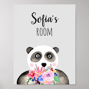 Girls Beautiful Flowers Watercolor Panda and Name Poster