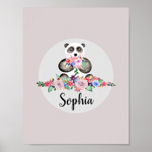 Girls Beautiful Flowers Watercolor Panda and Name Poster