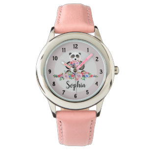 Girls Beautiful Flowers Watercolor Panda and Name Watch