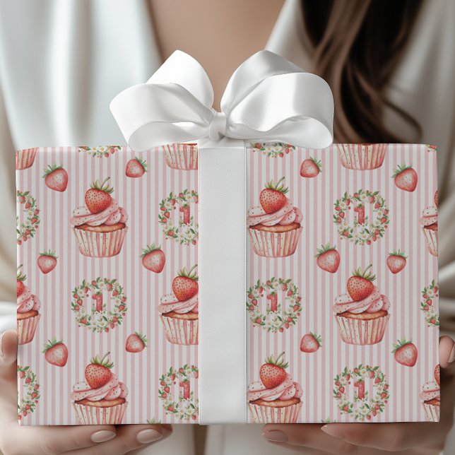 Girl's Berry 1st Birthday Strawberry Cupcake Wrapping Paper (Creator Uploaded)