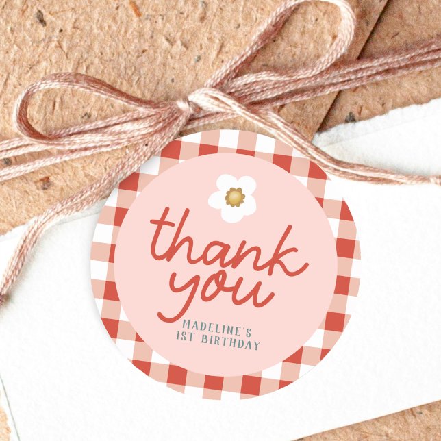 Girls Berry First Gingham Kids 1st Birthday Favour Classic Round Sticker (Creator Uploaded)