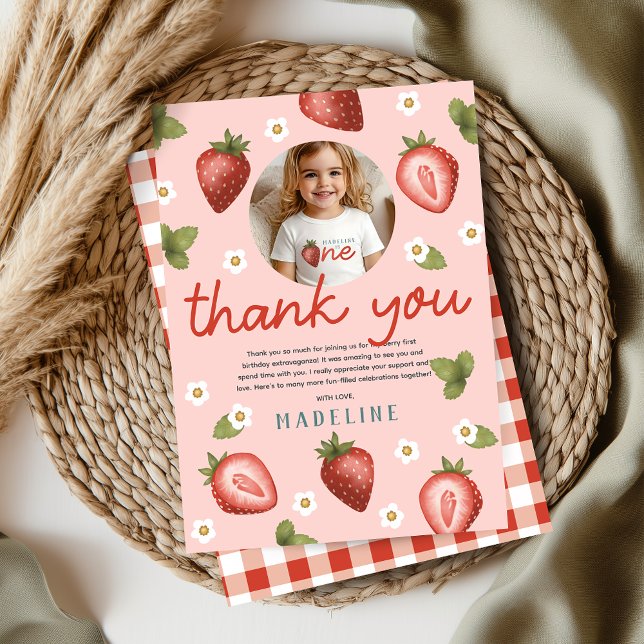 Girls Berry First Kids 1st Birthday Photo Thank You Card (Creator Uploaded)