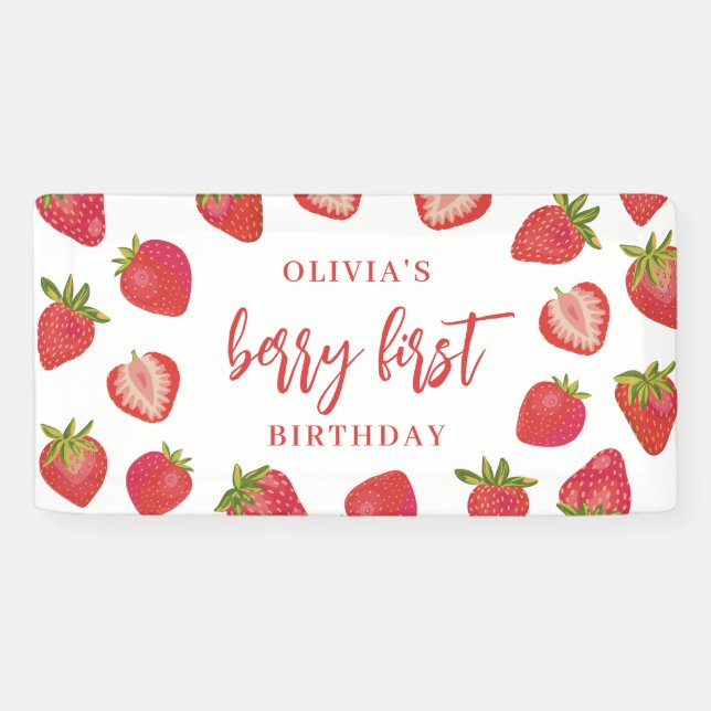 Girls Berry First strawberry 1st birthday party Banner (Horizontal)