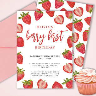 Girls Berry First strawberry birthday party Invitation