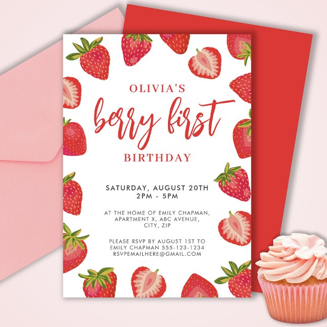 Girls Berry First strawberry birthday party Invitation (Cute girls Berry First strawberry birthday party invitation.  Customize with your own event details.)