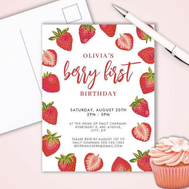 Girls Berry First strawberry birthday party Postcard (Cute strawberry Berry First birthday party invitation postcard.  Customize with your own event text.)