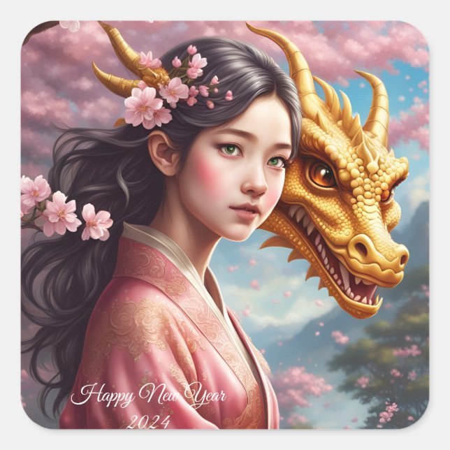 Girls between cherry blossoms square sticker (Front)