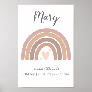 Girls Birth Stats Poster Personalised Rainbow