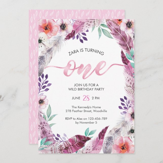 Girls Birthday Boho Invitation 1st birthday (Front/Back)