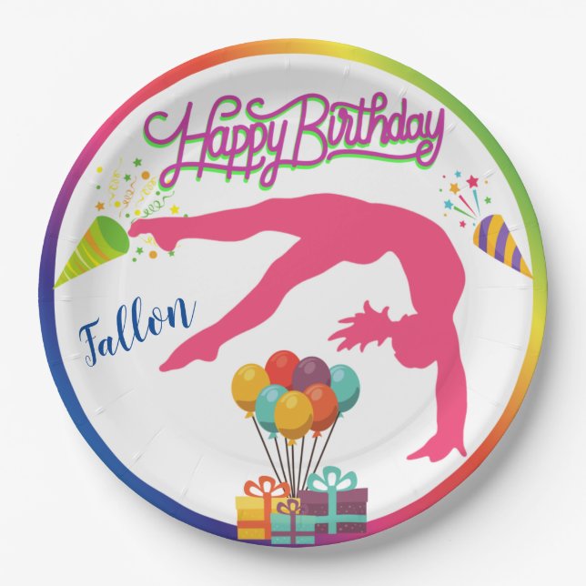 Girls Birthday Gymnastics Handspring Rainbow Trim Paper Plate (Front)