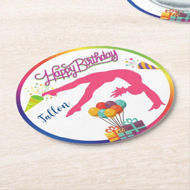 Girls Birthday Gymnastics Handspring Rainbow Trim  Round Paper Coaster (Angled)