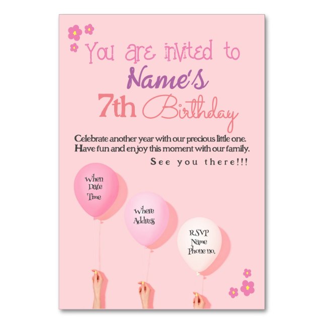 Girls Birthday Invitation Card Flat Card  (Front)
