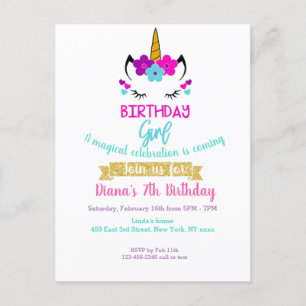 Girl's Birthday Invitation Unicorn Theme  Postcard