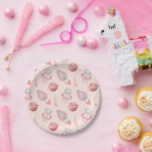 Girls Birthday Kids Pink Astronaut Paper Plate