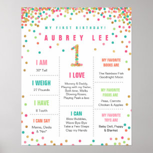 Girls Birthday Mint Teal Pink First Birthday Poster