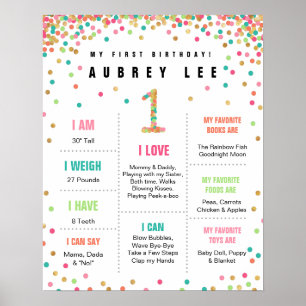 Girls Birthday Mint Teal Pink First Birthday Poster