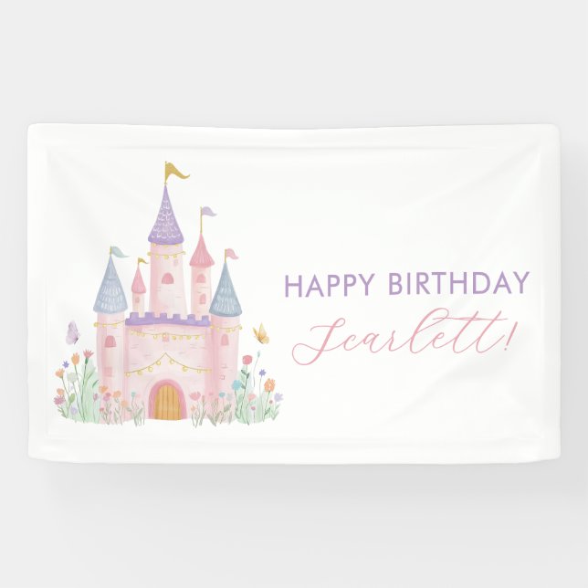 Girls Birthday Party Banner Princess Pastel Castle (Horizontal)