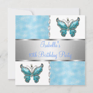 Girls Birthday Party Butterfly Blue White Flower Invitation