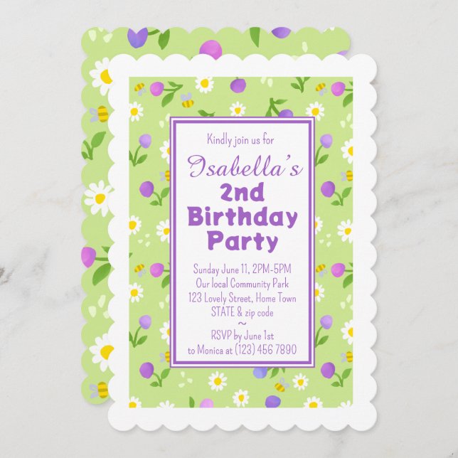 Girls birthday party invitation summer pink blooms (Front/Back)