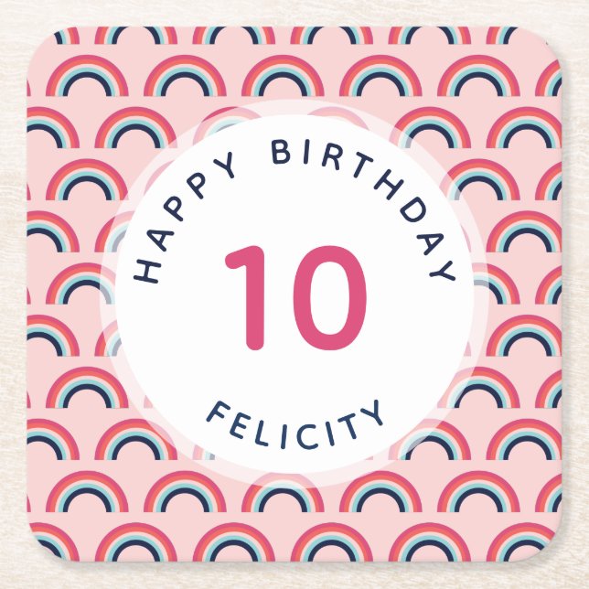 Girls Birthday Party Personalised Name Age Pink Square Paper Coaster (Front)
