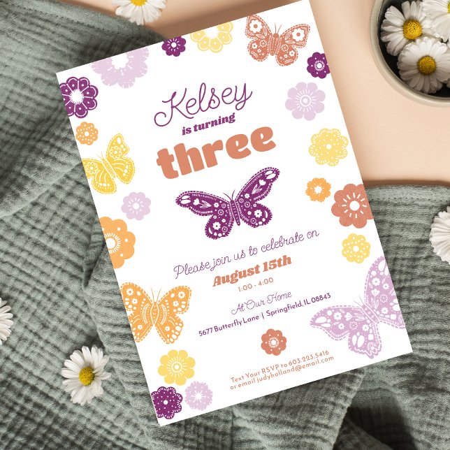 Girls Birthday Party Retro Butterfly Birthday Invitation (Retro Butterfly Girls Birthday Invitation)