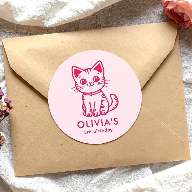 Girl's birthday party with custom colours kitten classic round sticker (Creator Uploaded)
