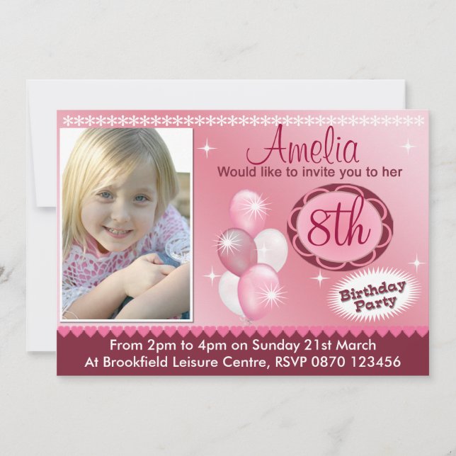 Girls Birthday Photo Invitation - Any Age (Front)