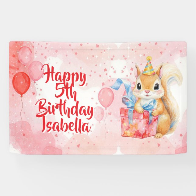 Girl's Birthday Squirrel themed Pink and Red Banner (Horizontal)