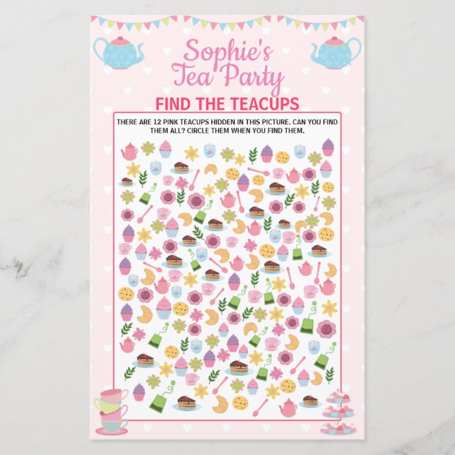 Girls Birthday Tea Party Find The Teacups Game (Front)