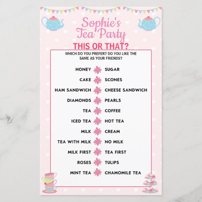 Girls Birthday Tea Party This Or That Game (Front)