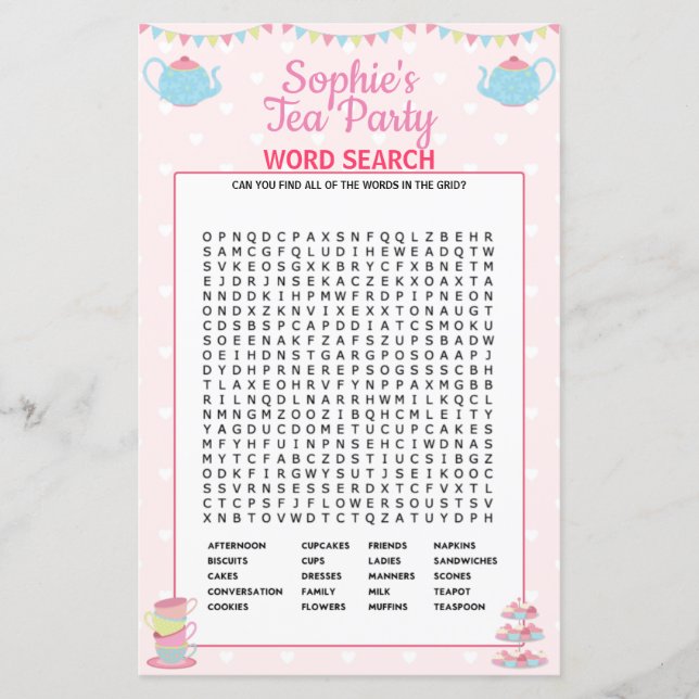 Girls Birthday Tea Party Word Search (Front)