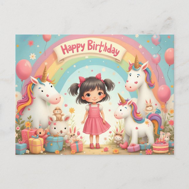 Girl's Birthday with Unicorns & Rainbow Holiday Postcard (Front)