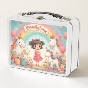 Girl's Birthday with Unicorns & Rainbow Metal Lunch Box