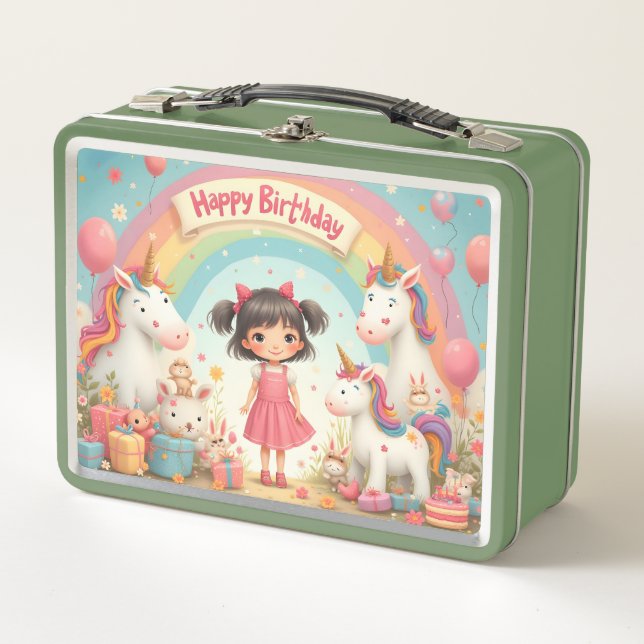 Girl's Birthday with Unicorns & Rainbow Metal Lunch Box (Front)