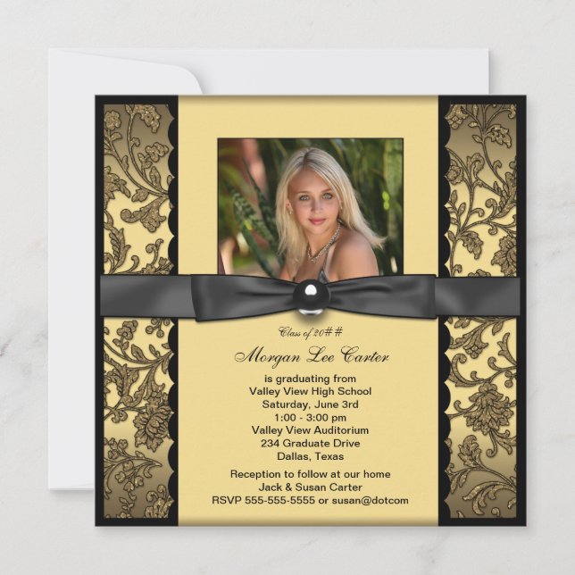 Girls Black and Gold Photo Graduation Invitation (Front)