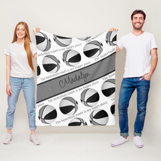 girls black grey basketball court my happy place fleece blanket (In Situ)