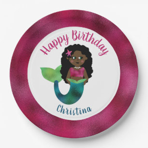 Girls Black Mermaid Faux Foil African American Kid Paper Plate
