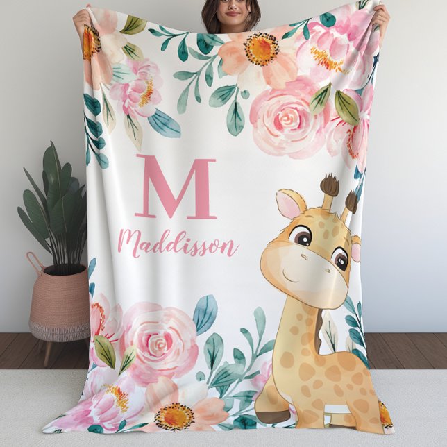 Girls Blanket  Floral with Giraffe Monogram (Girls Blanket Floral with Giraffe Monogram (L))