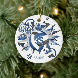 girls blue black volleyballs stars commemorative ceramic ornament