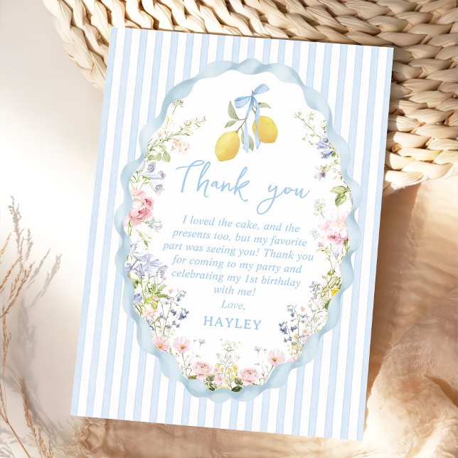 Girls Blue Bow Lemon Birthday Thank You Card (Creator Uploaded)