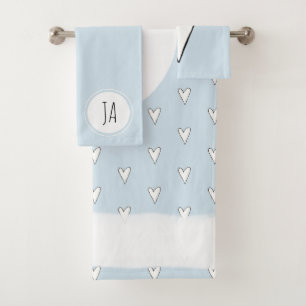 Girl's Blue Heart Doodle Pattern Monogram Simple Bath Towel Set