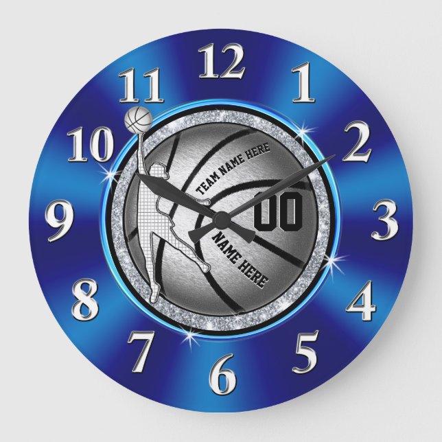 Girls Blue, Silver Personalised Basketball Clock (Front)