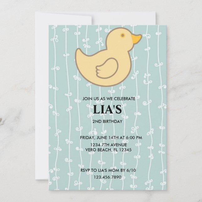 Girls Blue Striped Duck Birthday Party Invitation. Invitation (Front)